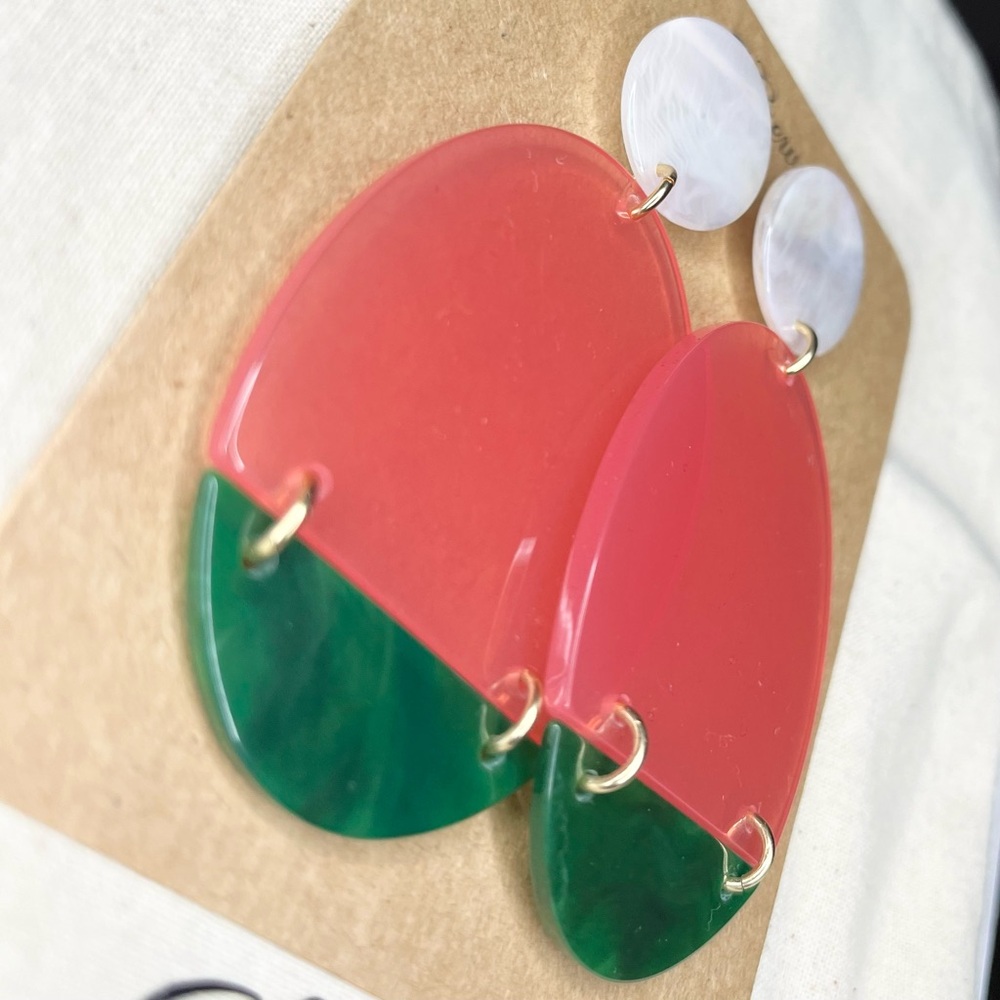 J. Crew Bold Modern Pink, Green & White Spring Statement Lucite Earrings - Picture 3 of 5